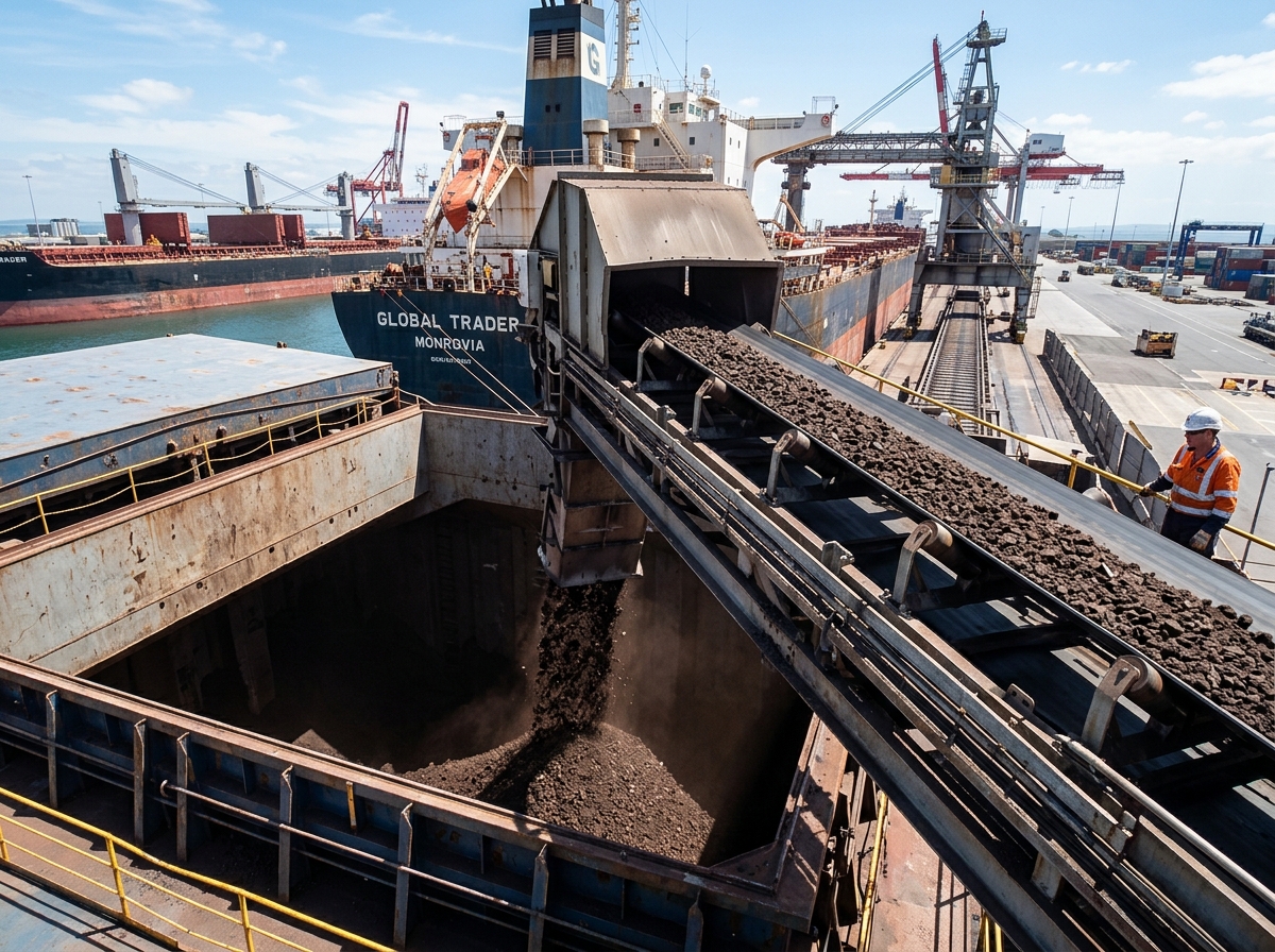 Conveyor belt loading bulk material on vessel